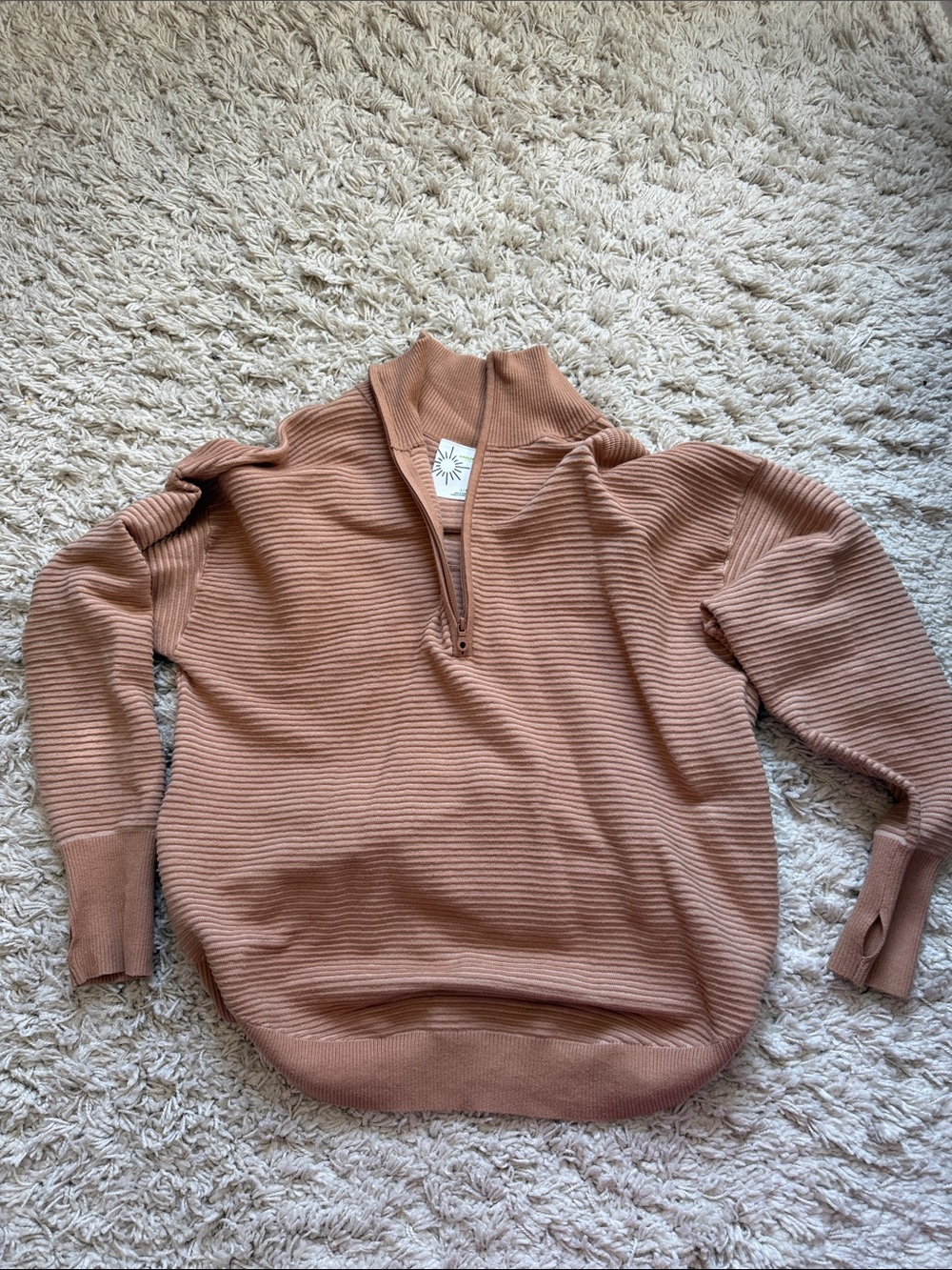 aerie Ribbed Quarter-Zip Pullover in Tan